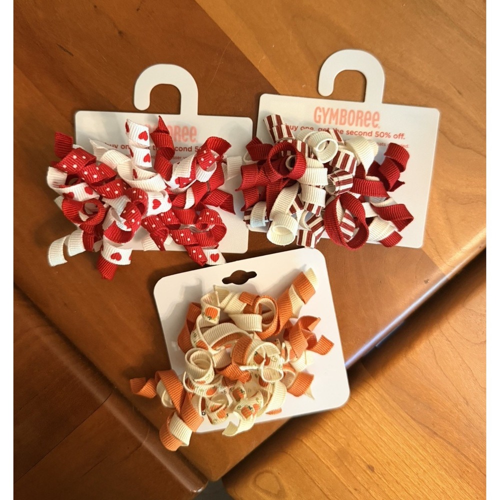 Gymboree Girls Hair Clip 3-Pack Grosgrain Ribbon Bow Hearts Red/White/Orange